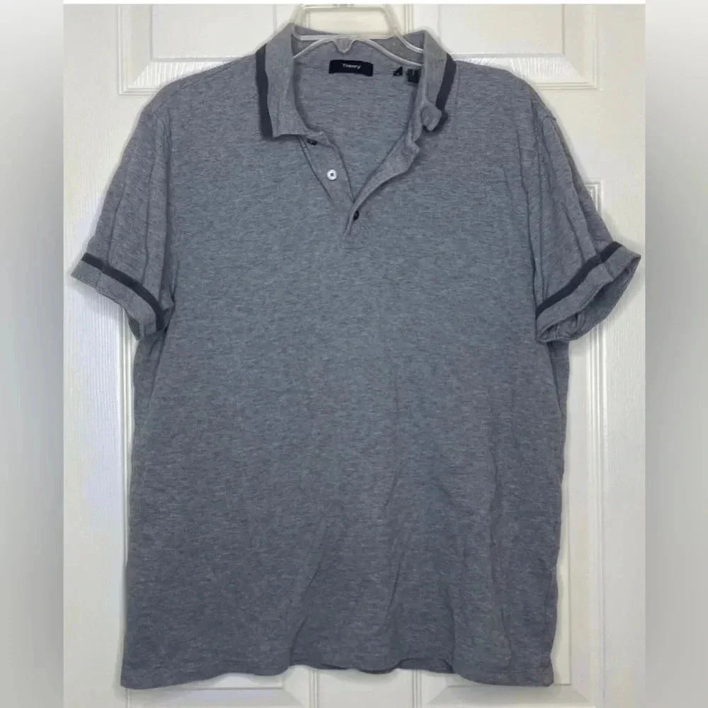 Men THEORY gray Short Sleeve Ringer Luxe Cotton Polo Shirt Top Sz Large EUC